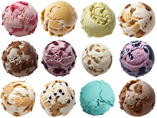 set of delicious ice cream balls / scoops, isolated on transparent background cutout - png - different flavors mockup for design - image compositing footage - alpha channel