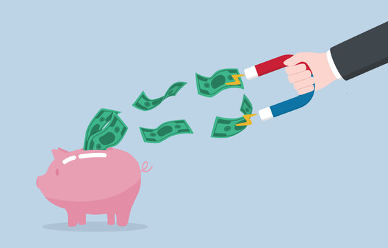 Monetary policy to control inflation, stimulating deposits to reduce money supply, financial measures concept, Hand holding magnet to pull banknotes out of piggy bank.