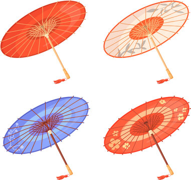 Japanese umbrellas. Beautiful traditional asian umbrella, paper parasol of oriental asia culture japan or china tradition, travel colorful parasols set neat vector illustration