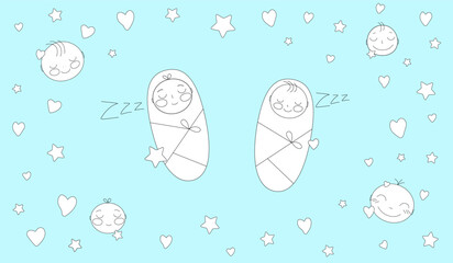 Cute sleeping babies. Faces and swaddled children in stars and hearts. A simple children's illustration.
