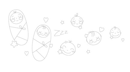 Cute sleeping babies. Faces and swaddled children in stars and hearts. A simple children's illustration.