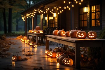 Halloween pumpkins and decorations outside a house ai generated