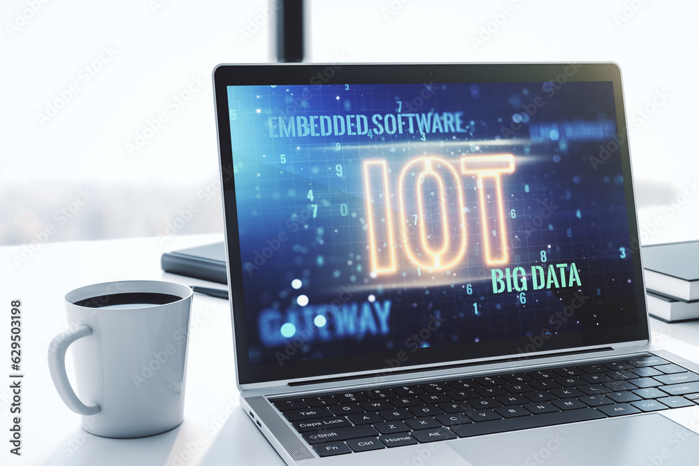 Poster Modern computer monitor with creative IOT hologram, research and development concept. 3D Rendering