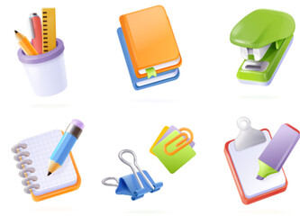 Render office tools. 3d isometric table stationery, school study tool or finance company supplies for management order