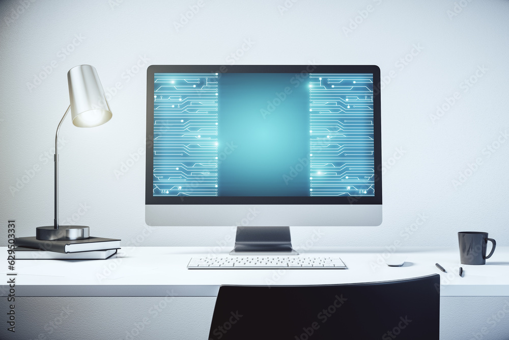 Aufkleber Creative abstract micro chip hologram on modern computer monitor, artificial intelligence and machine learning concept. 3D Rendering