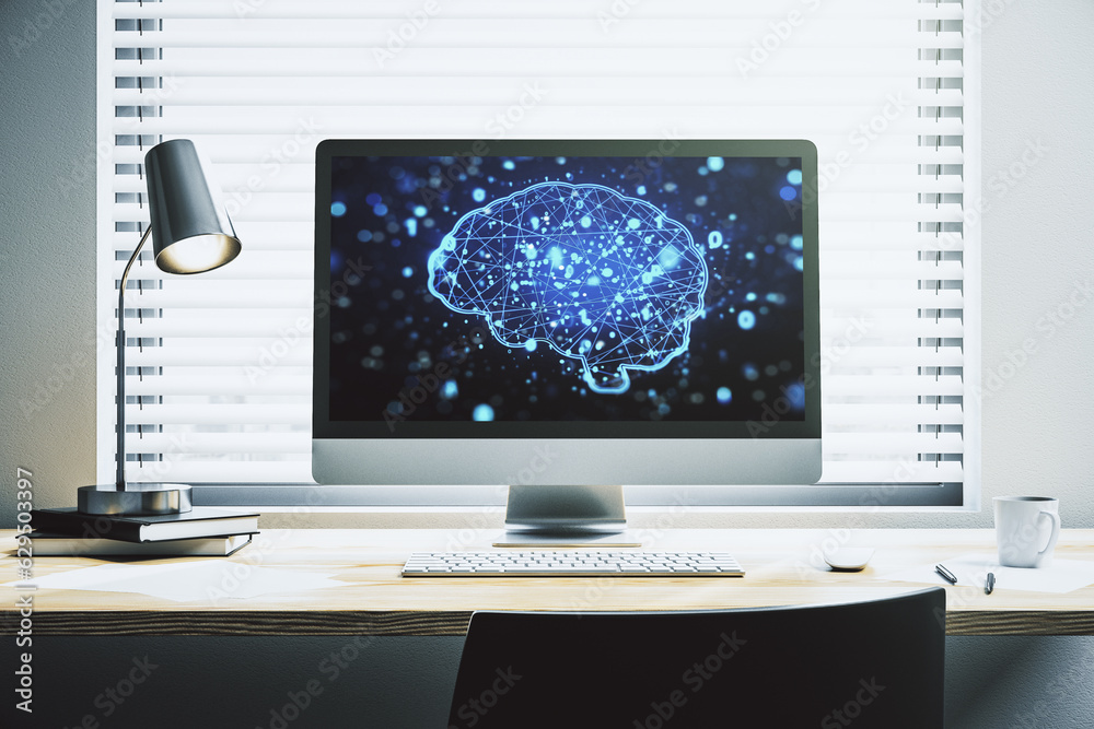 Poster creative artificial intelligence concept with human brain hologram on modern laptop screen. 3d rende