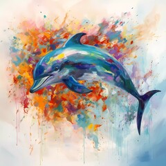 Abstract artwork of a dolphin leaping out of the water with splashes No 1