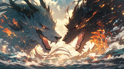 Majestic wolf-dragons face-off: Towering beasts with gaping maws, as turbulent oceans surge below in their awe-inspiring presence. - obrazy, fototapety, plakaty