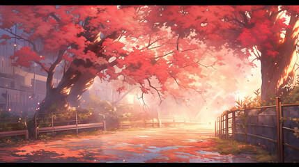 Enchanted anime street: Dusk sun filters through vibrant red trees, casting a warm glow on a timeless Japanese avenue.