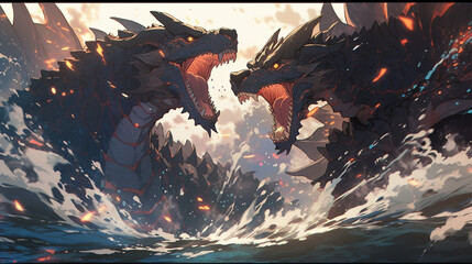 Two majestic anime dragons, their scales gleaming with intensity, stand poised in confrontation. As they roar defiantly at one another, the ocean beneath them churns in response, waves crashing