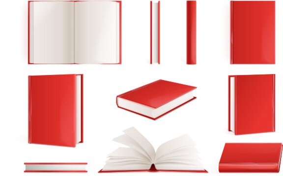 Realistic red books. 3d hardback or paperback book mockup, open and closed hardcover booklet with empty pages volume notebook isolated encyclopedia set exact vector illustration