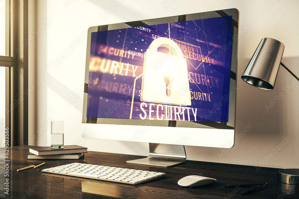 Poster Modern computer monitor with creative lock hologram and chip. Information security concept. 3D Rendering