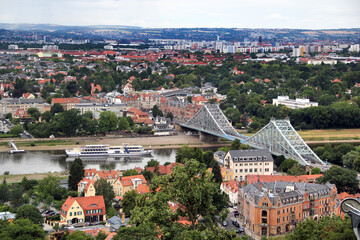 View over the Elbe and the Loschwitzer bridge from the upper station of the Schwebebahn in Dresden