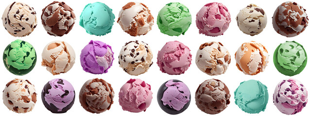 collection of delicious ice cream balls / scoops, isolated on transparent background cutout - png - different flavors mockup for design - image compositing footage - alpha channel - 629503734