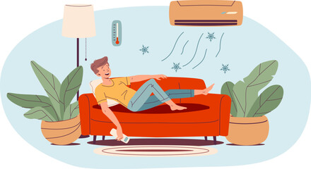 Man under conditioner. Satisfied guy enjoy cold air conditioning in summer heat home sleeping on sofa indoor heated room