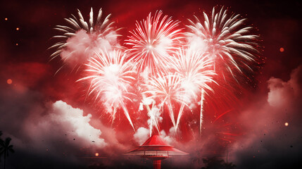 Celebratory fireworks on background of red and white flag at Indonesia independence day