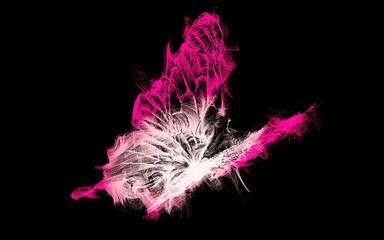 light spots, glow powder dust fantasy butterfly pictures Floating, glowing. Glowing pink fantasy butterfly on black background. 3D Rendering.
