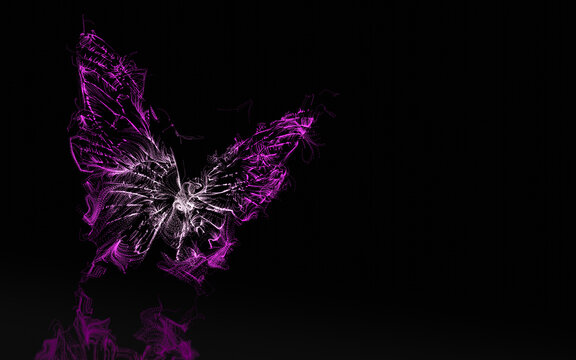 light spots, glow powder dust fantasy butterfly pictures Floating, glowing. Glowing pink fantasy butterfly on black background. 3D Rendering.