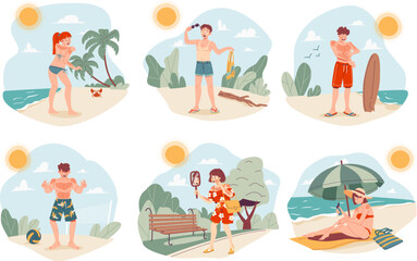 People with sunburn. Sunburned woman and man after heatstroke or dehydrated body skin use sunscreen cream, tanning person sweat heat sun hot temperature, garish vector illustration