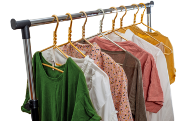 Second-hand clothes on the rail. The concept of sustainable economic life. Sale of clothes. Summer women's clothing on the swap. Clothing store