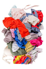 Used clothes in a pile. Sorting second-hand for recycling. Copy space on white background. Top view - 629504142