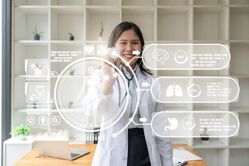 Female doctor with stethoscope icon hologram medical innovation, future technology concept