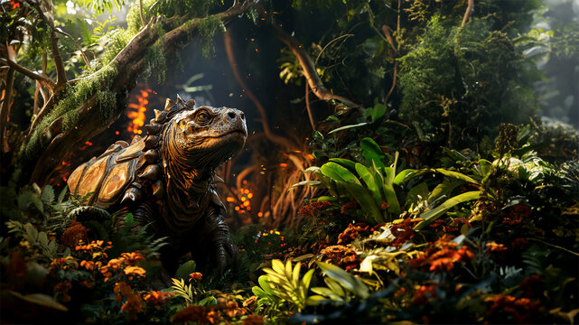 Fantasy dinosaur in a prehistoric forest