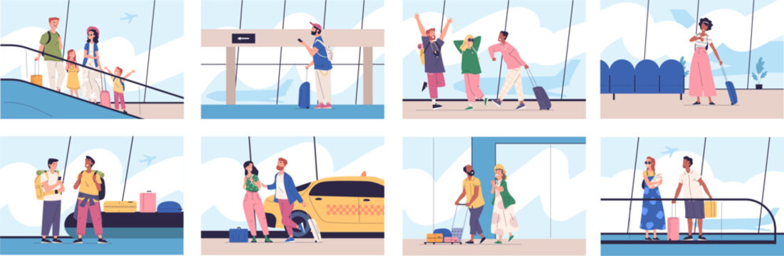 Tourists going on vacation. People with suitcase luggage go trip, family child traveling in summer holiday, romantic journey or student friends tourism classy vector illustration
