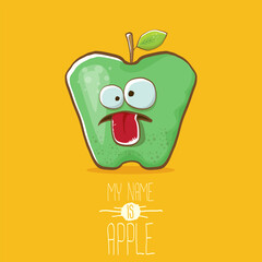 very funny cartoon cute green apple character isolated on orange background. My name is apple vector concept. vector super funky fruit summer food character
