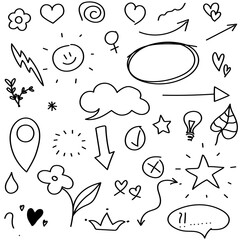 Sketch line arrow element, star, heart shape. Hand drawn doodle sketch style circle, cloud speech bubble grunge element set. Arrow, star, heart brush decoration. Vector illustration