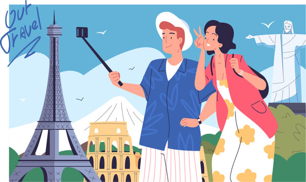 Tourists couple selfie. Lover travelers take photo on phone in romance travel trip summer vacation, girlfriend boyfriend sightseeing adventure holiday, classy vector illustration