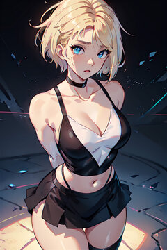 Illustration Of A Cute Blushing Girl With Blonde Short Hair, Colorful Glowing Eyes, Black Crop Top, Mini Skirt. Blurred Background.