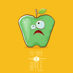 very funny cartoon cute green apple character isolated on orange background. My name is apple vector concept. vector super funky fruit summer food character