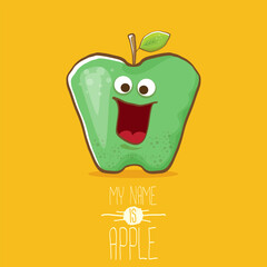 very funny cartoon cute green apple character isolated on orange background. My name is apple vector concept. vector super funky fruit summer food character