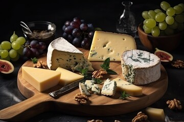 A set of delicious cheeses including camembert, parmesan, brie and gorgonzola combined with fresh...