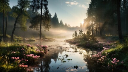 Obraz premium Beautiful summer morning dreamy Forest creek in warm sunlight natural panoramic countryside landscape Pastoral scenery. Selective focusing on foreground. Fog in the pond on a sunny morning.