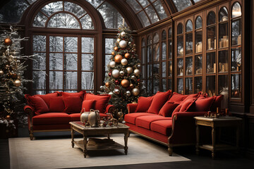 Christmas time, seasonal interior design in library with red chairs, candles and Christmas tree ,...