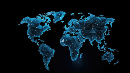 3d World map network connection glowing polygonal triangle neon lines on dark black background. World connection futuristic concept, website landing page template design. Generative AI