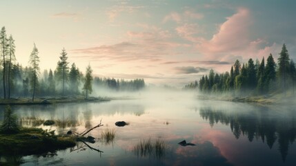 Fototapeta premium Beautiful summer morning dreamy Forest creek in warm sunlight natural panoramic countryside landscape Pastoral scenery. Selective focusing on foreground. Fog in the pond on a sunny morning.