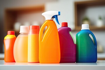 Bottles of cleaning agent, a symbol of cleanliness and hygiene in the home.