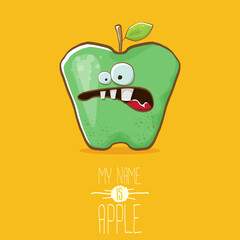 very funny cartoon cute green apple character isolated on orange background. My name is apple vector concept. vector super funky fruit summer food character