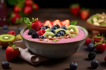 A smoothie bowl with fruits and granola. Nutrition healthy food background