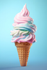 Colored tasty ice cream in a waffle cone on a blue background
