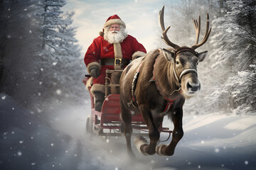 A sleigh with reindeer and a Santa Claus. Christmas celebration greeting card