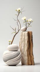 Stones and a plant on a beige background.. Background for product advertising, cosmetics. Generative AI.