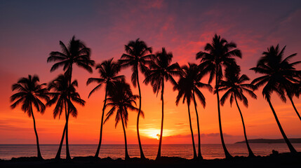 Fototapeta na wymiar Silhouette coconut palm trees on the beach against the sky