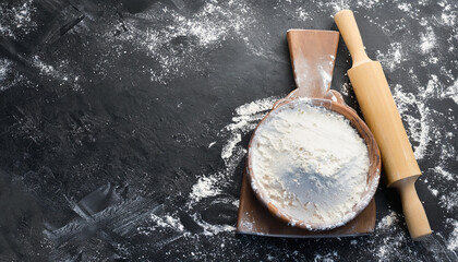 Rolling pin and white flour on a dark background. Free space for text . Top view.