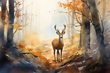 watercolor art of a deer in beautiful autumnal forest. generative ai.