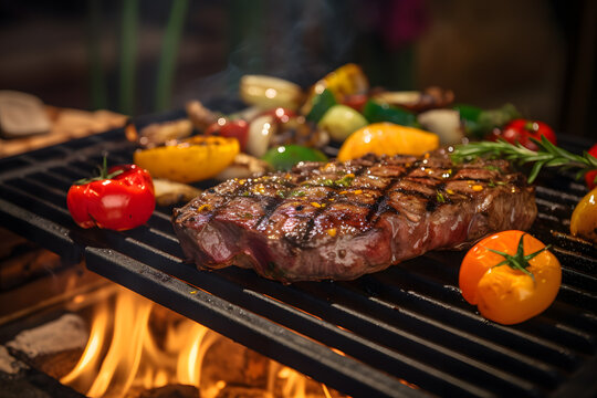 A steak and vegetables on a grill