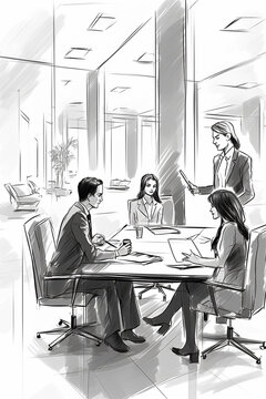 sketch of people sitting at office and having a meeting. generative ai.